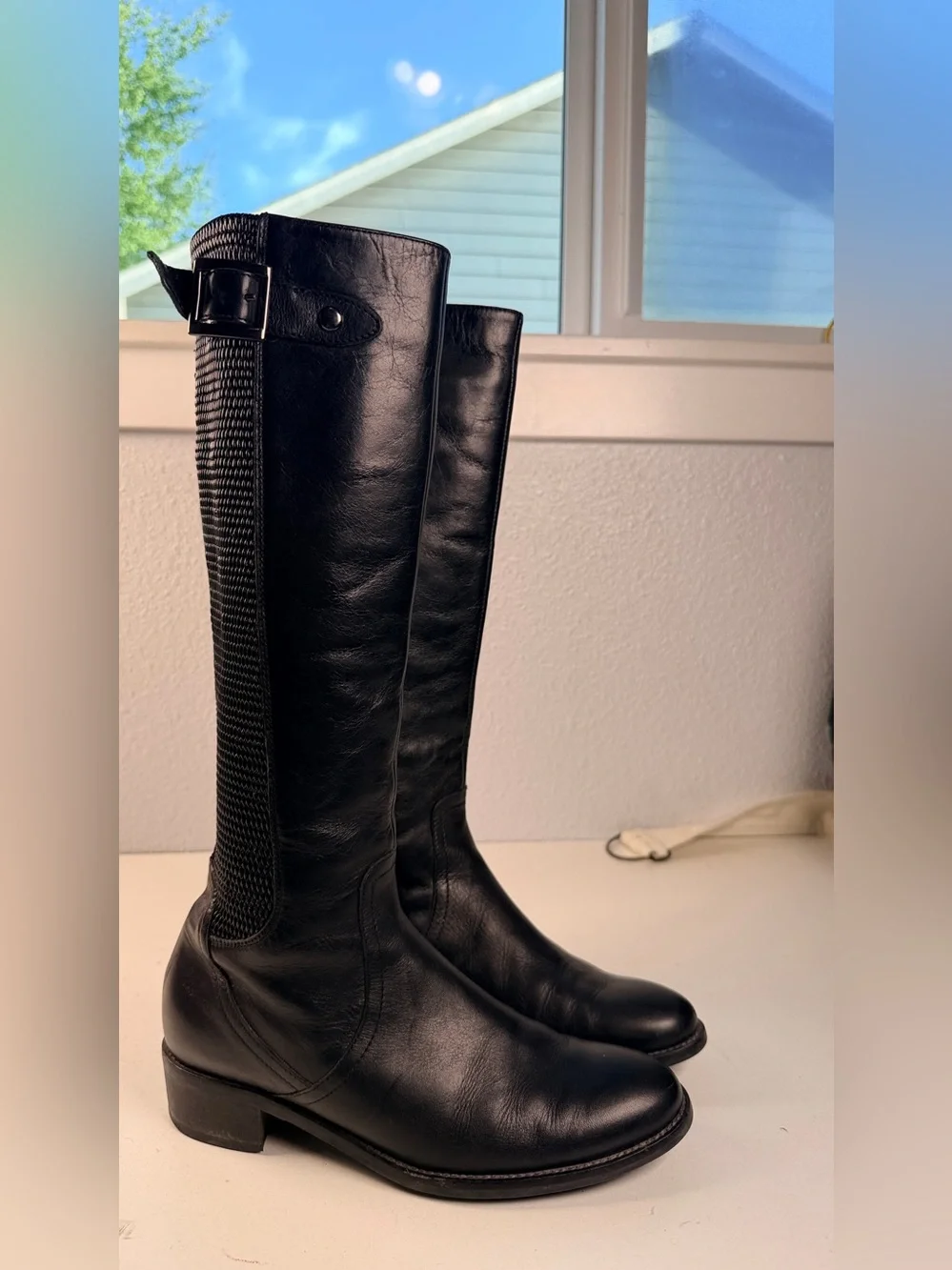 Aquatalia Black Leather Tall Riding Boots Mesh Panel Women Size 6.5 Italy